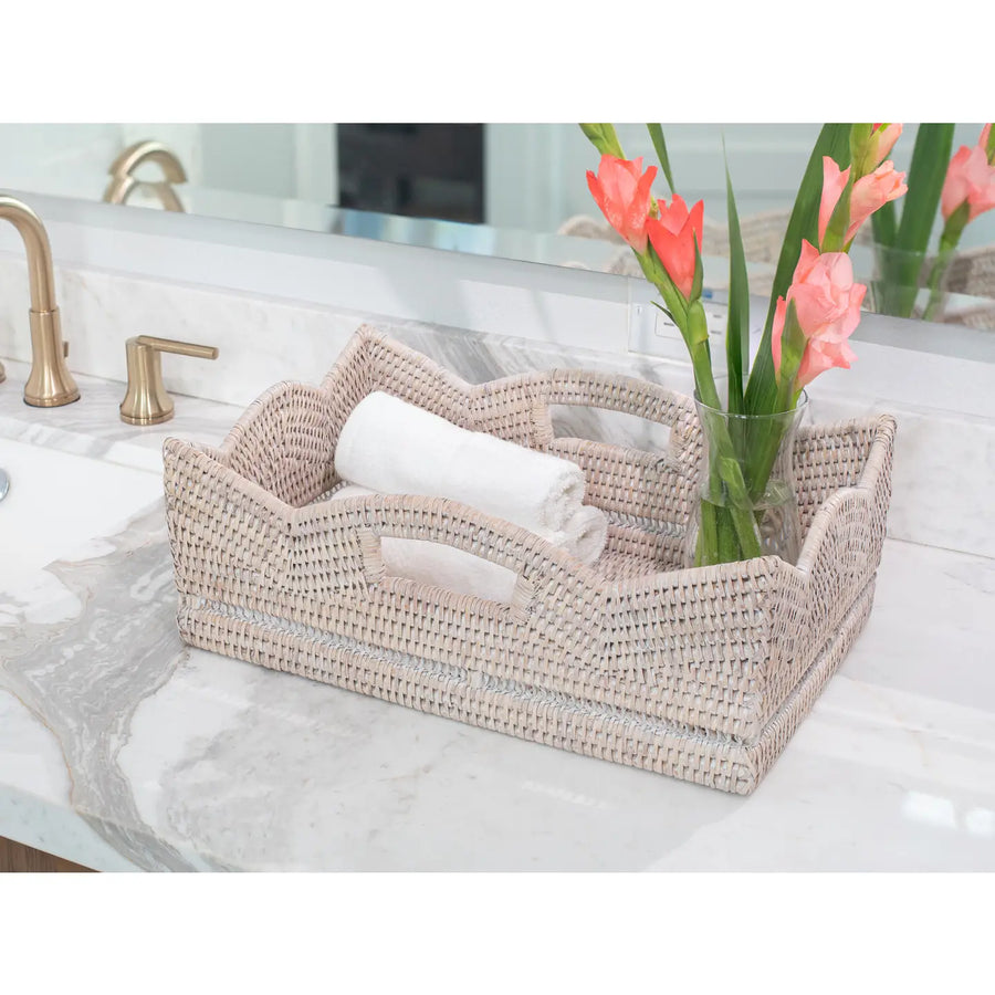 Rattan Scallop Rectangle Basket/White Wash