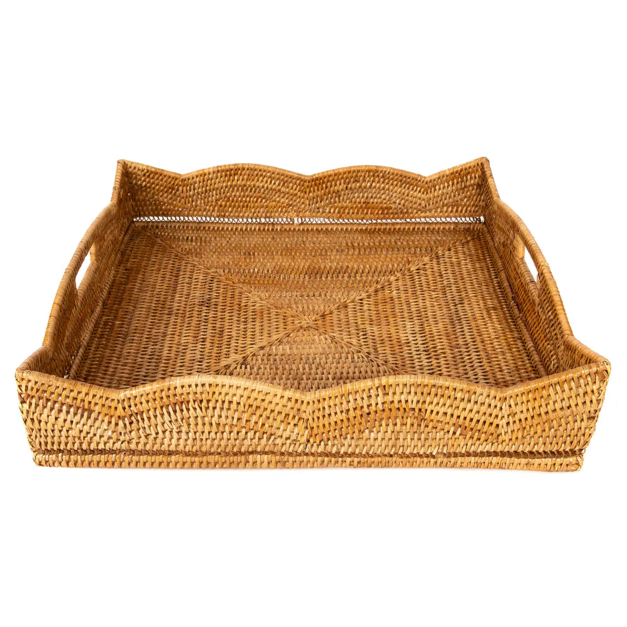 Rattan Scallop Square Tray w/Glass Insert