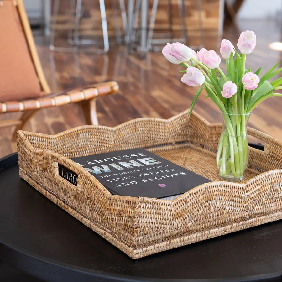 Rattan Scallop Square Tray w/Glass Insert