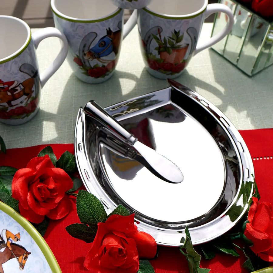 Silver Plate Horseshoe Cheese Plate w/Knife