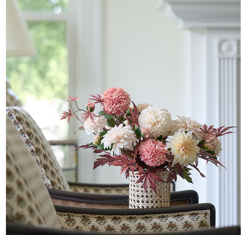 Diane James Dahlias in glass vase with cane