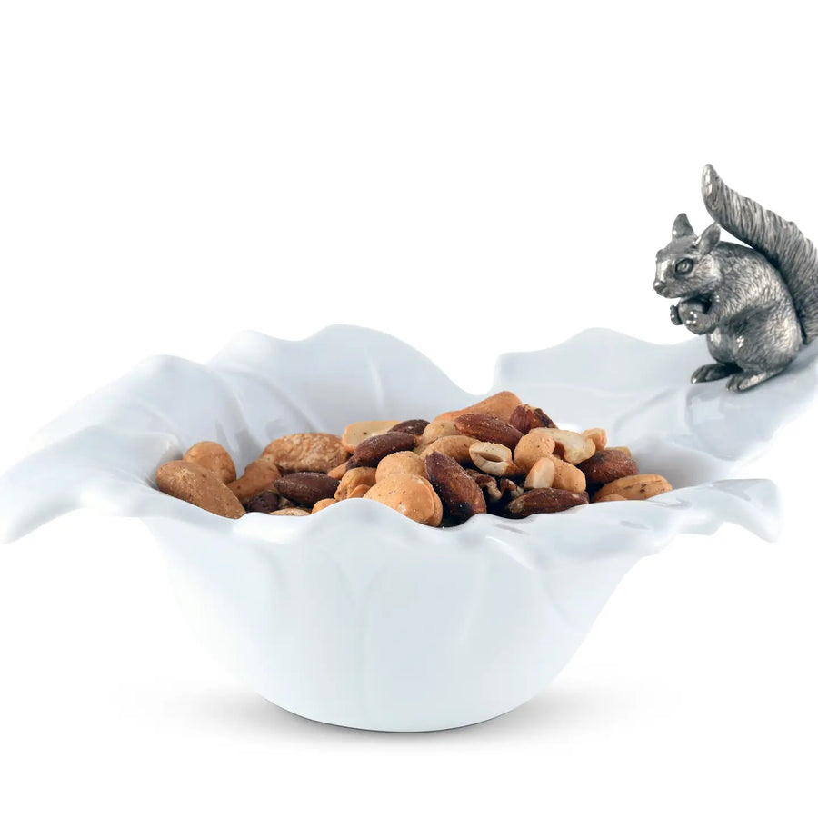 Porcelain Leaf Bowl w/Pewter Squirrel