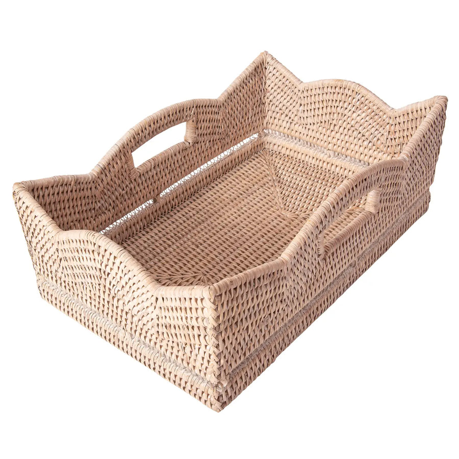 Rattan Scallop Rectangle Basket/White Wash