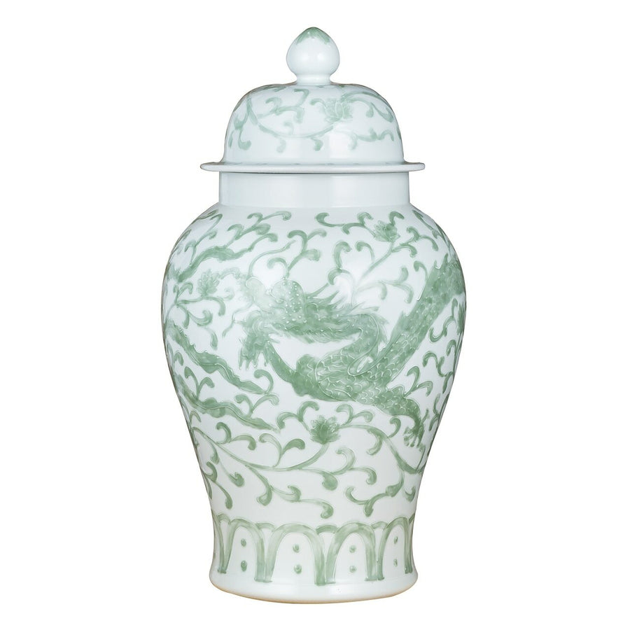 Celadon Vintage Temple Jar Dragon Lotus Motif