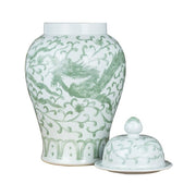 Celadon Vintage Temple Jar Dragon Lotus Motif