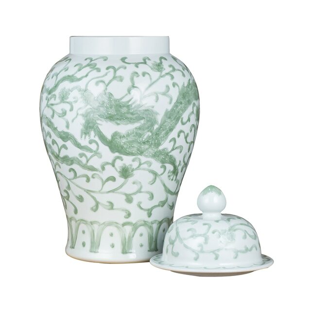 Celadon Vintage Temple Jar Dragon Lotus Motif
