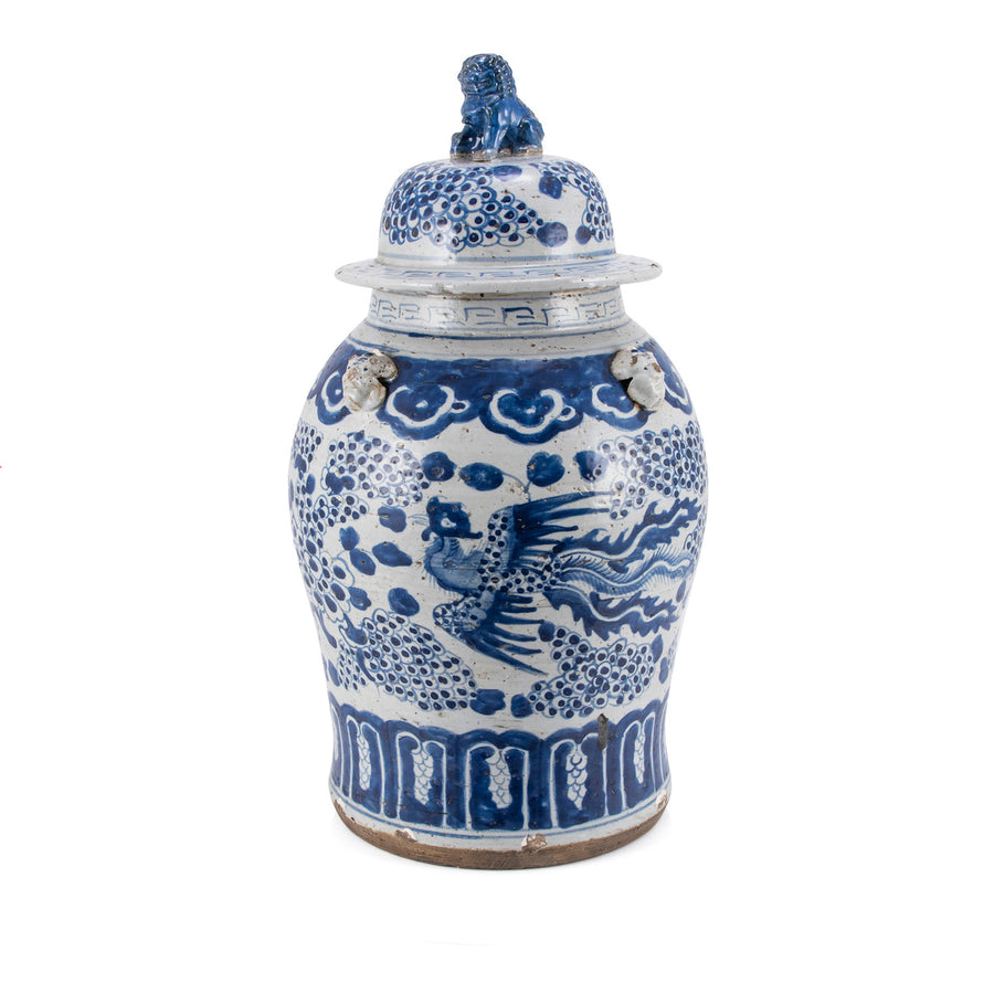 Vintage Temple Jar Phoenix Motif-Large Blue