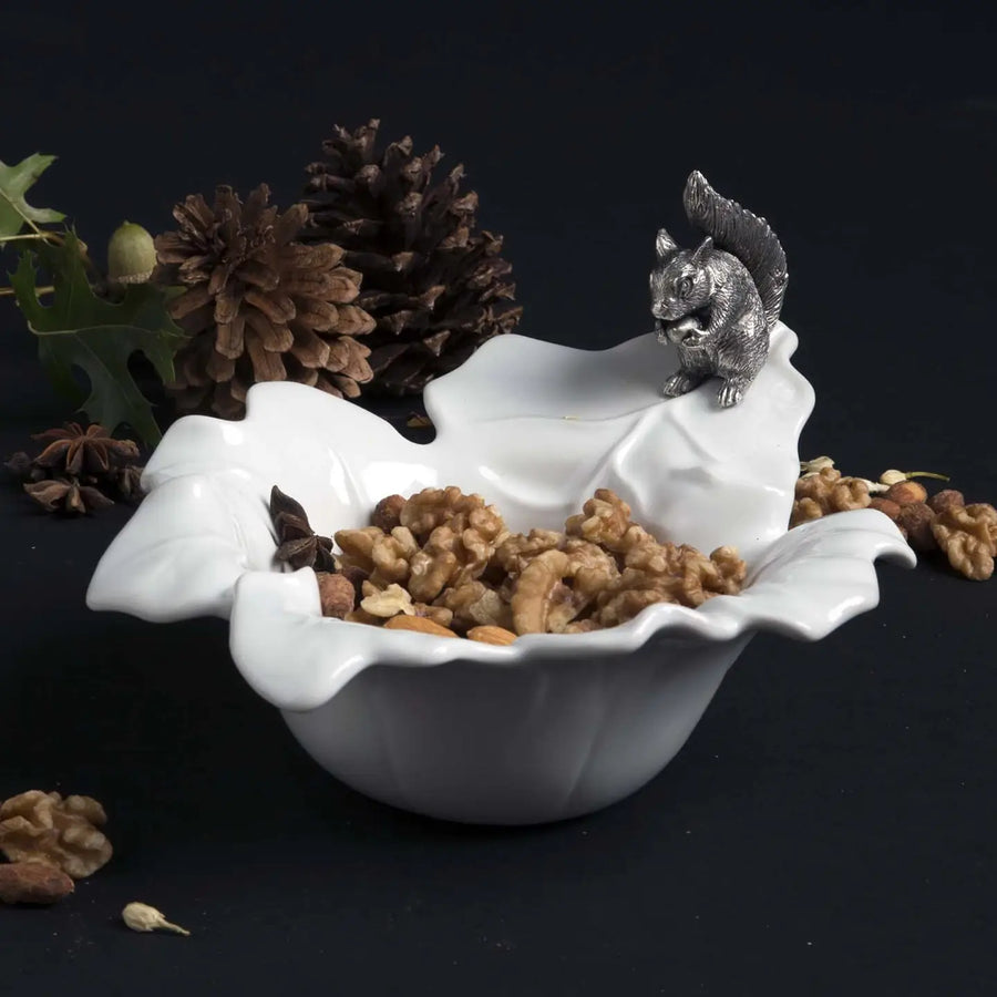 Porcelain Leaf Bowl w/Pewter Squirrel