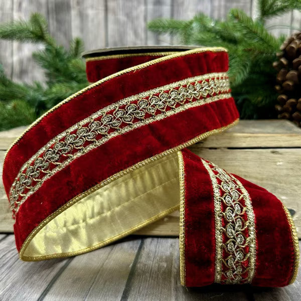 Red Velvet w/Embroidery Gold glitter Center Ribbon