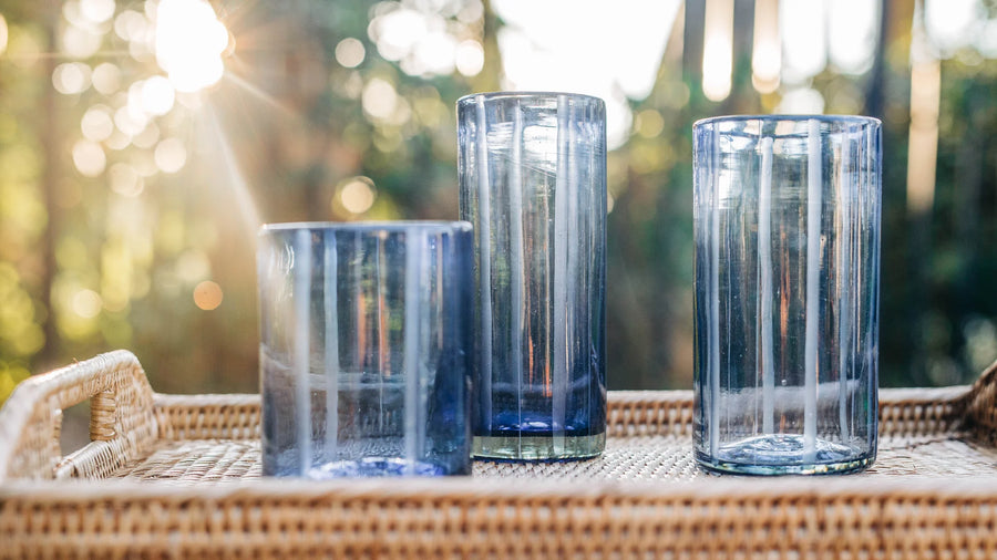 Smokey Blue Striped Water Glass Set/4