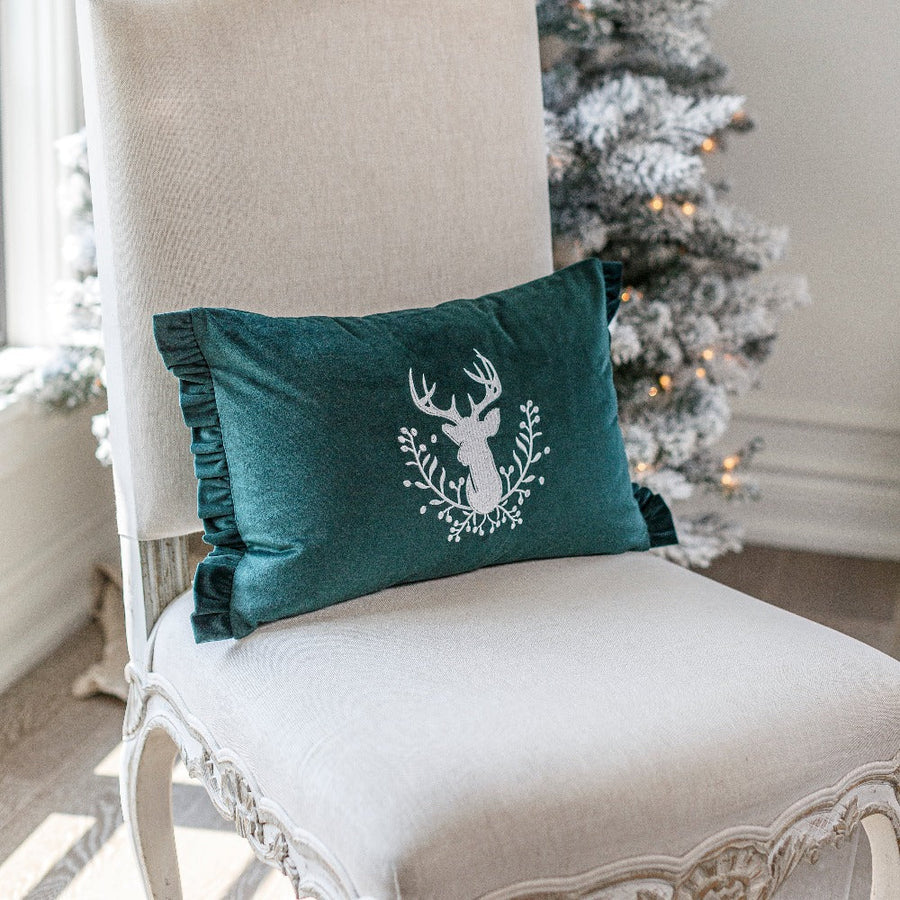 Velvet Stag with Holly Berries Pillow