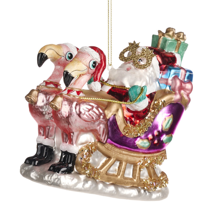 Funky Santa in Flamingo Sleigh Ornament