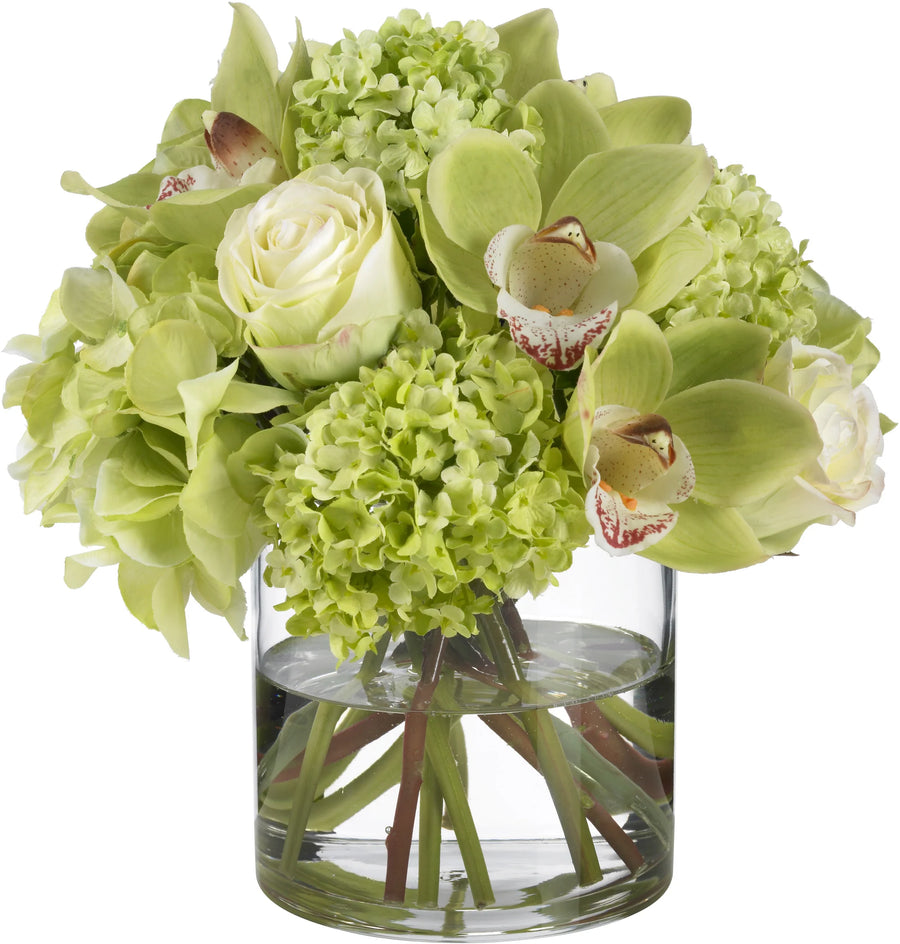 Hydrangea and Orchid Bouquet in Glass Cylinder