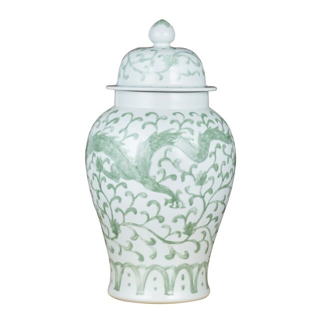 Celadon Vintage Temple Jar Dragon Lotus Motif